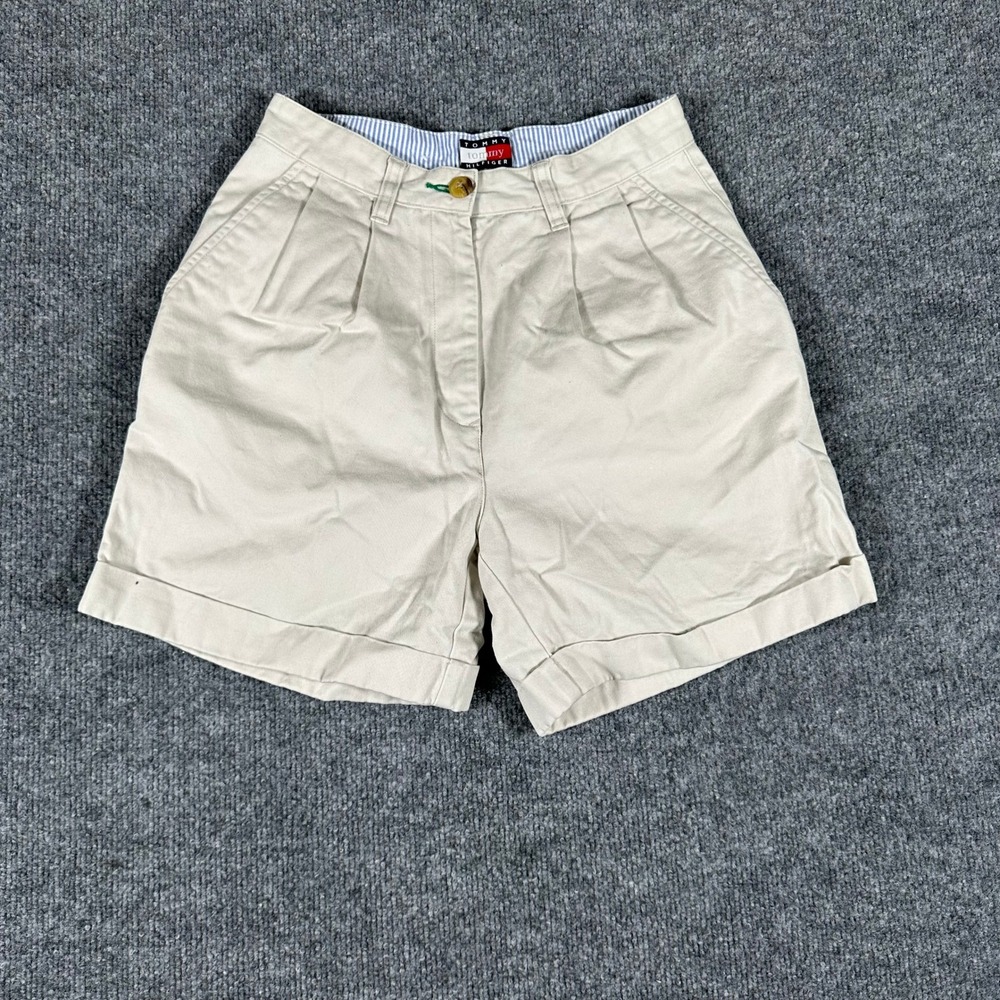 Tommy Hilfiger Shorts Womens Size 4 Beige Pleated Cotton Chino High Waist Cuffed